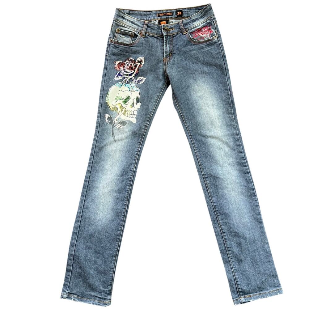 Vintage Ed Hardy Christian Audigier Rose Skull Embellished Jeans Women’s Size 28